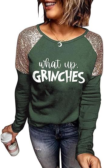 PRICES MAY VARY. Fit Type: Straight Shirt Form Type: t_shirt Fit type : Straight Sequin Top, Christmas Tshirts, Olivia Mark, Letter Print, Grinch, Christmas Shirts, Fashion Prints, Casual Chic, Sequin