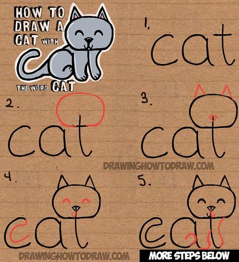 How to Draw a Cat from the word Cat Simple Step by Step Drawing Lesson for Children Trin For Trin Tegning, Cat Simple, Ako Kresliť, Draw A Cat, Lukisan Comel, مشروعات العلوم, Word Drawings, Word Cat, How To Draw Steps