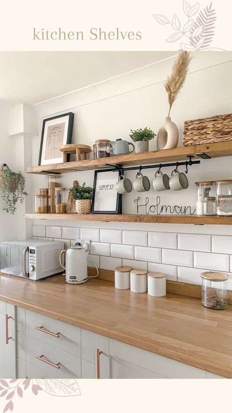 Scandi Kitchen Shelves, Hanging Mugs Under Shelf, Kitchen Wall Shelves Ideas, Kitchen Shelving Decor Ideas, Oak Shelves Kitchen, Open Kitchen Shelves Styling, Kitchen Wall Storage Ideas, Kitchen Wall Shelf Ideas, Open Shelves Kitchen