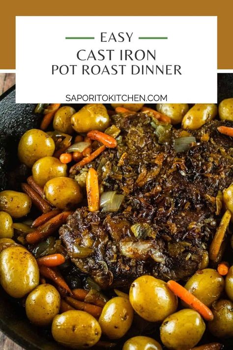 This easy Sunday pot roast dinner is cooked in a cast iron skillet with potatoes and carrots to make a one skillet meal that's perfect for Sunday family dinner. #castironpotroast #easypotroast #castironcooking Chuck Roast Recipe Oven, Pot Roast Dinner, Sunday Pot Roast, Cast Iron Skillet Recipes Dinner, Dutch Oven Pot Roast, Roast Dinner Recipes, Oven Pot Roast, Cast Iron Skillet Cooking, Roasted Potatoes And Carrots