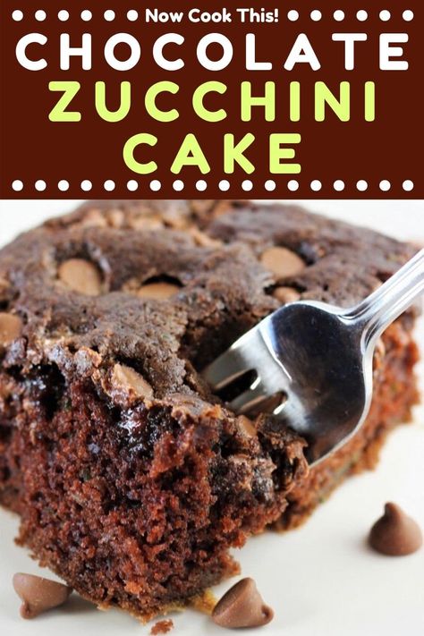 This Chocolate Zucchini Cake is chocolaty, moist, fluffy, delicious and super easy to make - and you wouldn't even know there's veggies in there! Plus, it's topped with chocolate chips for even more chocolate goodness! Get the recipe and give it a try! Zucchini Dessert, Chocolate Zucchini Cake Recipe, Chocolate Chip Cake Recipe, Zucchini Cakes Recipe, Zucchini Recipes Dessert, Cake Design Ideas, Chocolate Zucchini Cake, Chocolate Chip Cake, Decadent Chocolate Cake