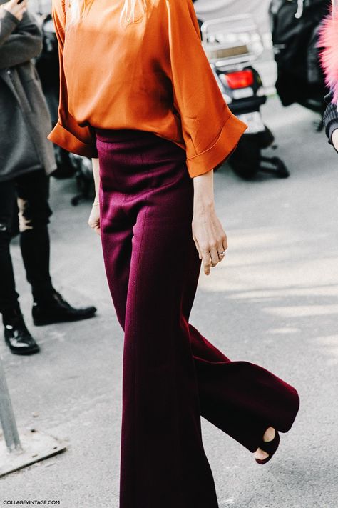 Combinação maravilhosa de cores: laranja com beterraba September Fashion, Street Style 2016, Purple Pants, Paris Fashion Week Street Style, Cooler Look, Fashion Weeks, 가을 패션, Fashion Week Street Style, Inspiration Mode