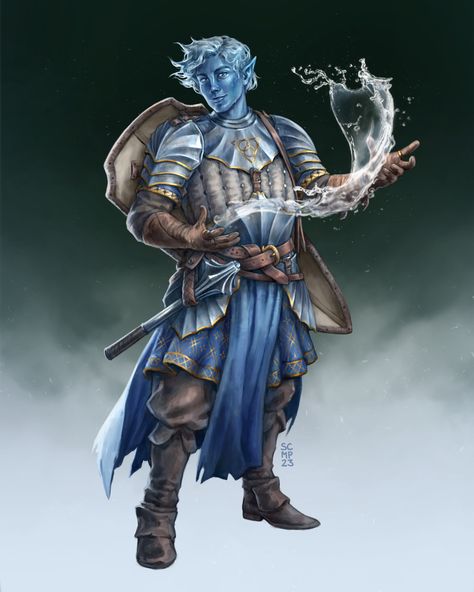 Peace Domain Cleric, Water Cleric, Aquatic Elf Male, Water Genasi Male, Water Genasi, Dnd Cleric, Character Commission, Dnd Races, Laser Art