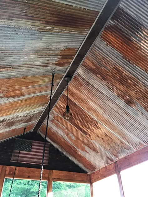 Rustic Corrugated Metal Wall, Old Tin On Ceiling, Rustic Metal Ceiling, Rustic Metal Ceiling Ideas, Metal On Ceiling, Tin Wall Ideas, Corrugated Metal Fireplace Surround, Galvanized Steel Ceiling, Coragated Metal Ceiling Ideas