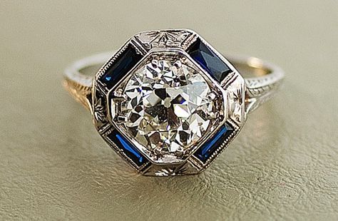 1920s-antique-engagement-ring-with-center-diamond-and-sapphire-accents.full Bijoux Art Deco, I'm Single, Antique Engagement Ring, Elegant Engagement Rings, Edwardian Jewelry, Rings Unique, Engagement Ring Rose Gold, Sapphire Rings, Sparkly Things