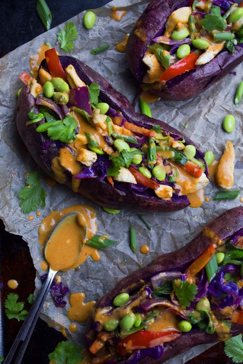 Spiralized Sweet Potato, Stuffed Sweet Potatoes, Purple Sweet Potato, Spicy Peanut Sauce, Sweet Potato Noodles, Purple Sweet Potatoes, Spicy Peanuts, Sauteed Chicken, Veggie Stir Fry