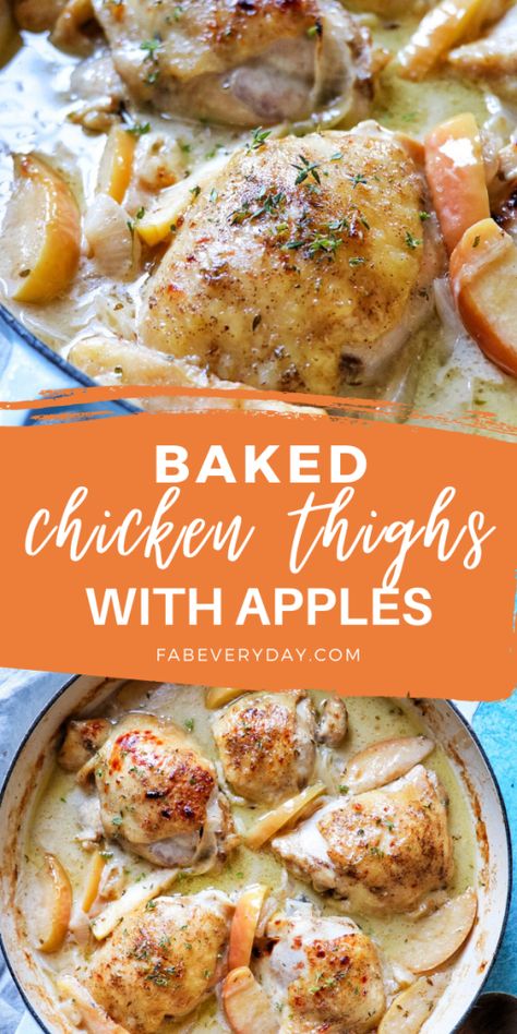 One of our new favorite meals is the Baked Chicken Thighs with Apples recipe I’m sharing today. This warm and hearty chicken dinner is perfect for the fall. Onions are simmered in apple cider and chicken stock before being baked with chicken thighs, apples, and cream. You’ll want to pin this baked apple chicken recipe to make after a day of apple picking! Click or visit FabEveryday.com for the full baked chicken with apples and onions recipe. Apple Chicken Recipes, Apple Recipes Dinner, Chicken With Apples, Cream Chicken, Apple Chicken, Hearty Chicken, Chicken Thigh Recipes Oven, Chicken Thigh Recipes Crockpot, Boneless Chicken Thigh Recipes