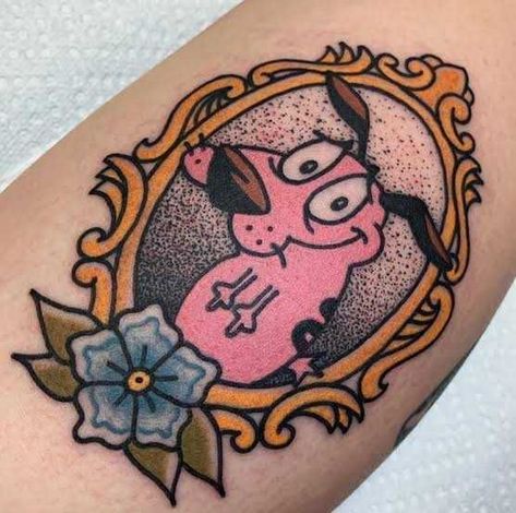 New School Style Tattoo, Funny Traditional Tattoos, Textiles Studio, Adorable Tattoos, My Little Pony Tattoo, Courage Tattoos, Tato Tradisional, 90s Tattoos, Gamer Tattoos