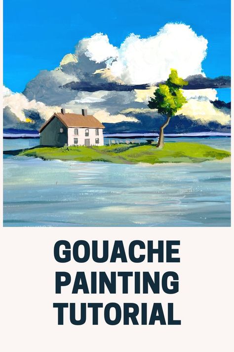 Gouache painting Studio Ghibli free tutorial Watercolor Art Studio Ghibli, Himi Gouache Tutorial, Folk Art Watercolor Painting, Gouache Clouds Tutorial, Gouache Illustrations Tutorial, Easy Ghibli Painting, Gouache Art Ideas, Gouache Art For Beginners Step By Step, Gouache Painting Ideas Inspiration