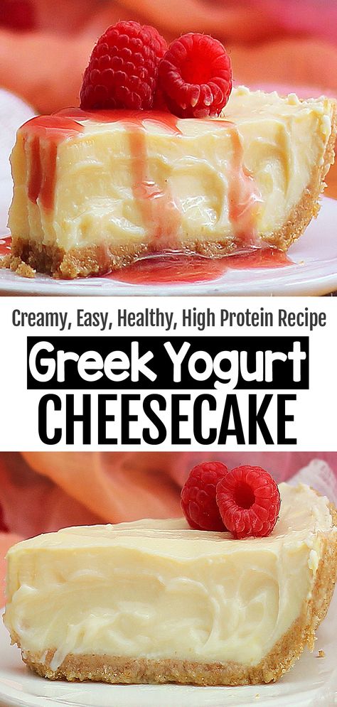 This creamy Greek yogurt cheesecake recipe is great for parties or birthdays, and it's secretly healthy for dessert #cheesecake #yogurtrecipes #greekyogurt #protein #healthydessert #dessert #recipe #healthy Nutty Desserts, Protein Greek Yogurt, High Protein Cheesecake, Sweet Potato Baby Food, Greek Yogurt Cheesecake, Vegan Greek Yogurt, Yogurt Cheesecake, Microwave Dessert, Dessert Cheesecake