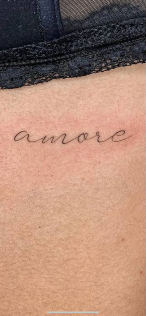 Amore Tattoo Cursive, Amour Tattoo Words Fonts, Amore Script Tattoo, I Love You In Italian Tattoo, Amore Tattoos For Women, Amor Word Tattoo, Italian Minimalist Tattoo, Small Spanish Tattoos For Women, Italian Script Tattoo