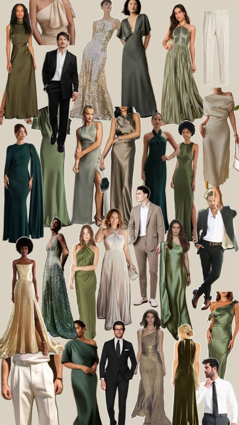 Multi Bridesmaid Dresses, Different Shades Of Green Bridal Party, Bridal Party Dresses Mismatched, Wedding Guest Attire Color Palette, Summer Earth Tone Wedding, Fall Formal Wedding Guest Attire, Neutral Wedding Guest Attire, Olive Wedding Party, Earth Tone Wedding Guest Outfits