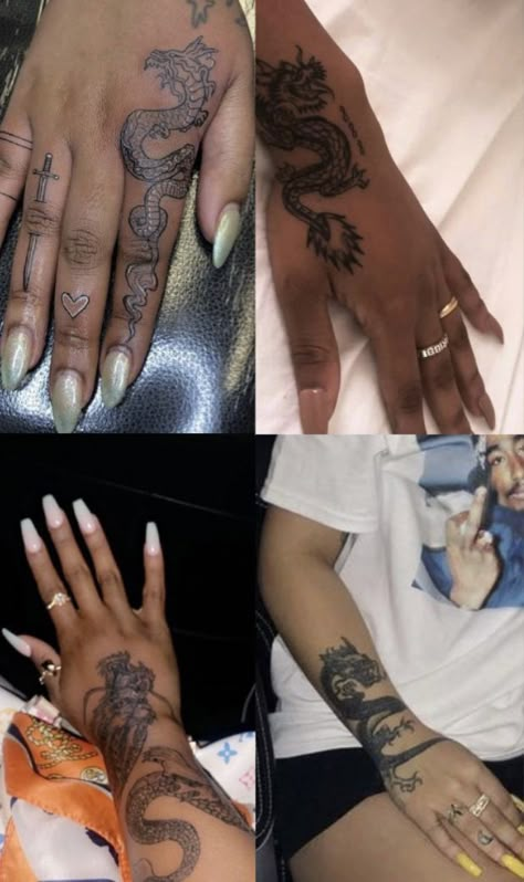 black baddie dragon hand tattoo Matching Tattoos On Hand, Hood Hand Tattoos, Small Baddie Tattoos, Tattoo Ideas Female Baddie, Dragon Hand Tattoo, Baddie Tats, Baddie Tattoos, Dragon Hand, Beauty Marks