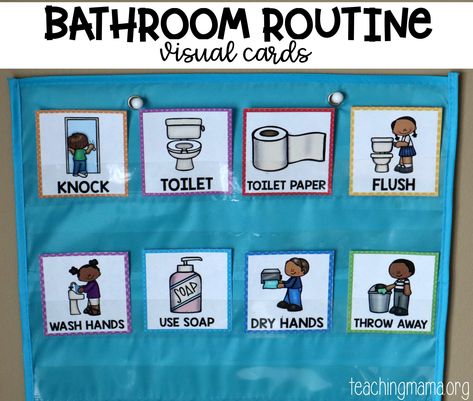 Teach children how to use the bathroom with these bathroom visual routine cards. These visual cards will show the steps for properly using the restroom. Potty Training Visuals, Visual Routine, Teaching Mama, Bathroom Routine, Routine Cards, Visual Schedules, Step Stools, Classroom Routines, Visual Schedule