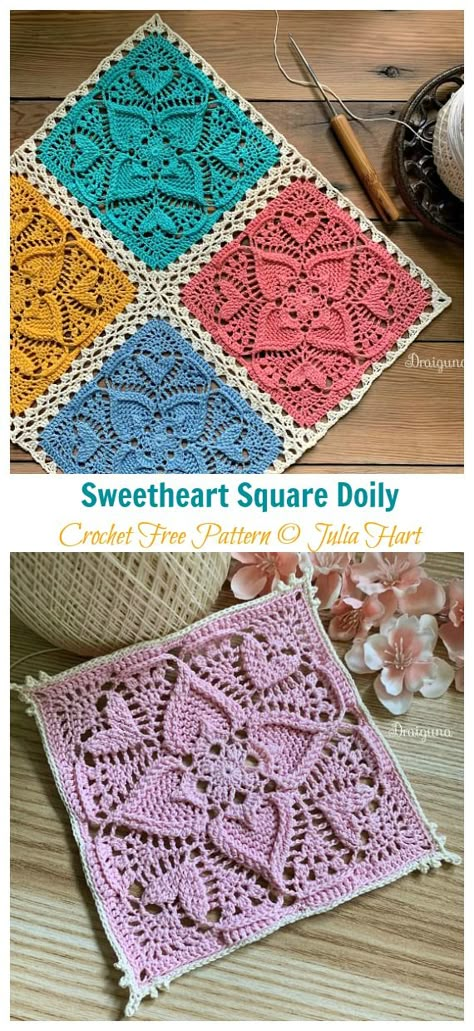 Sweetheart Square Doily Crochet Free Pattern - Decorative #Doily; Free #Crochet; Patterns Crochet Square Doilies, Free Crochet Square Doily Patterns, Crochet With Thread Patterns Free, Simple Doily Crochet Free Pattern, Knit Doily Pattern Free, Square Doily Patterns Free, Free Doily Patterns In English, Square Doily Crochet Pattern, Crochet Curtains Free Pattern