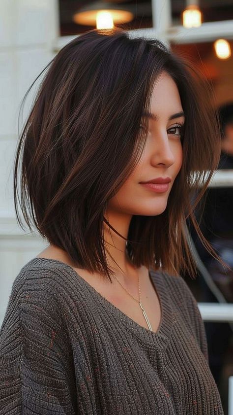 Haircut For Medium Length 2024, Hair Color For Short Straight Hair, Shoulder Length A Line Haircut, Short Hairstyle Women Face Frame, Lob Haircut With Face Framing, Bruttene Hair, Easy Bob Haircut, Single Tone Hair Color, Short Haircuts For Women Curtain Bangs