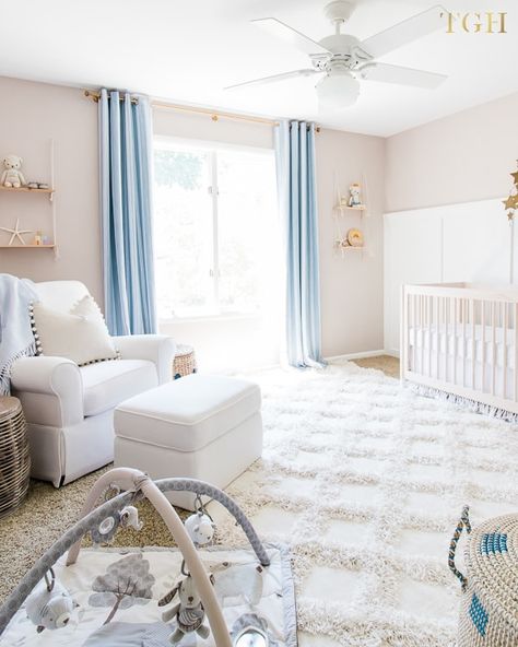 5 Key Things You Need for Your Baby Boy's Nursery [Plus Where To Get Them] - The Greenspring Home Blue Curtains Nursery, White Furniture Nursery, Baby Blue Curtains, Nursery Curtains Boy, Curtains Nursery, Nursery Paint Colors, Baby Room Curtains, Blue Nursery Boy, Rope Shelf