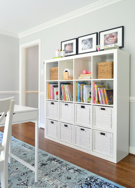 How a few cheap & easy finds turned this space into a hyper-functional, hardworking homework room for two grade schoolers. Homework Room, Playroom Organization, Living Room Diy, Easy Home Decor, Cube Storage, Cheap Home Decor, Dining Room Decor, Room Diy, Room Makeover