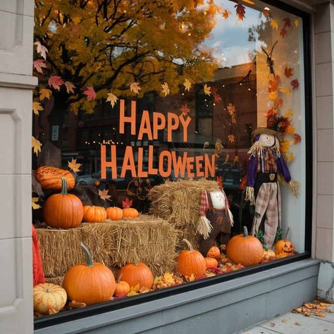 10 Fall Window Displays to Inspire Your Creativity - ostrali.com Spooky Halloween Window Display, Fall Decor For Windows, Halloween Window Display Store Fronts, Halloween Shop Window Display, Fall Boutique Window Display, Fall Window Display Store Fronts, Halloween Store Windows, Fall Window Displays, Autumn Window Display Retail