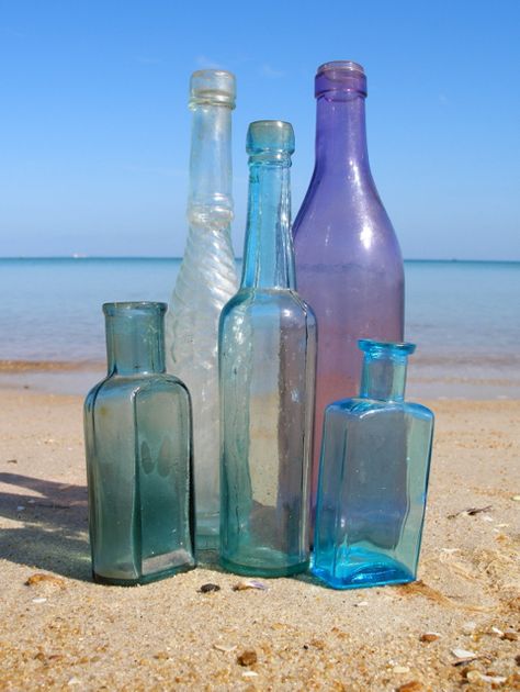 Antique bottles from the Mornington Peninsula x Sea Glass Bottles, Vintage Glass Bottles, Colored Glass Bottles, Beautiful Bottles, Blue Glass Bottles, Antique Glass Bottles, Glass Objects, Vintage Jars, Clear Glass Jars