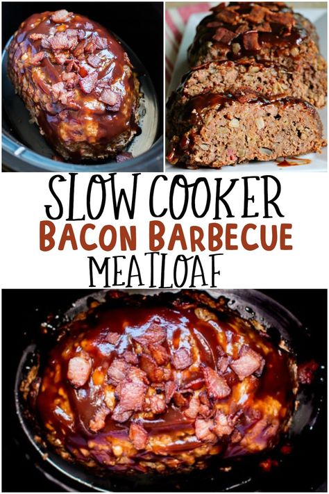 Tender Slow Cooker Meatloaf with bacon and barbecue sauce inside and out! - The Magical Slow Cooker #bacon #barbecue #meatloaf #meatloafrecipes #bbq Meatloaf With Bacon, Barbecue Meatloaf, Bacon Meatloaf, Crockpot Meatloaf, Bbq Meatloaf, Magical Slow Cooker, Slow Cooker Bacon, Slow Cooker Meatloaf, The Magical Slow Cooker