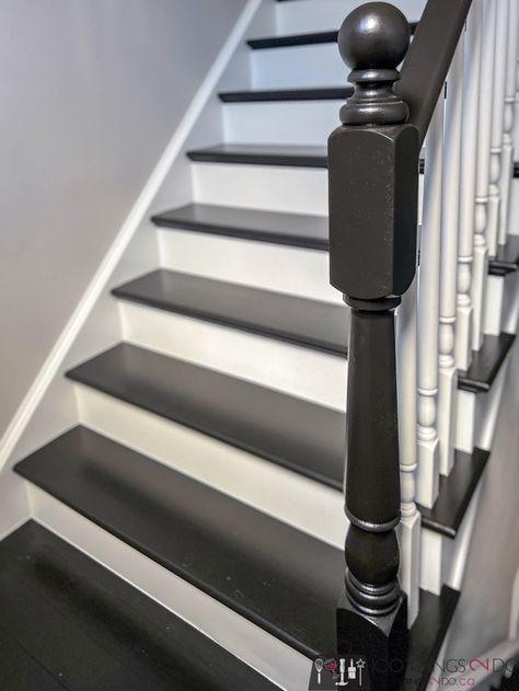 Wood Stairs Remodel, Black Painted Staircases, All Black Staircase With Runner, How To Paint Stairs Black, Paint Wood Stairs, Paint For Stairs Staircases, Stair Refinishing Ideas, Painting Steps Ideas Staircases, Stairs Makeover Ideas Paint