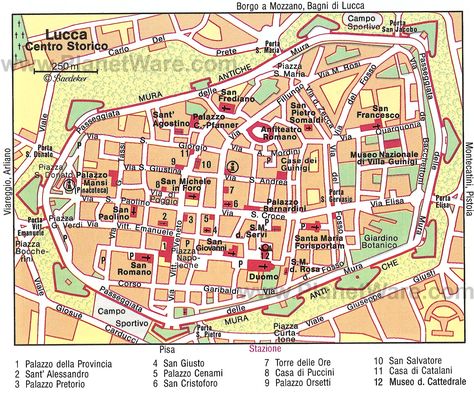 Map of Lucca Attractions | PlanetWare Map Of Lake Como Italy, Puglia Road Trip Map, Calabria Italy Map, Puglia Map, Lucca Italy, Walking Map, Mediterranean Travel, Places Worth Visiting, Tourist Map