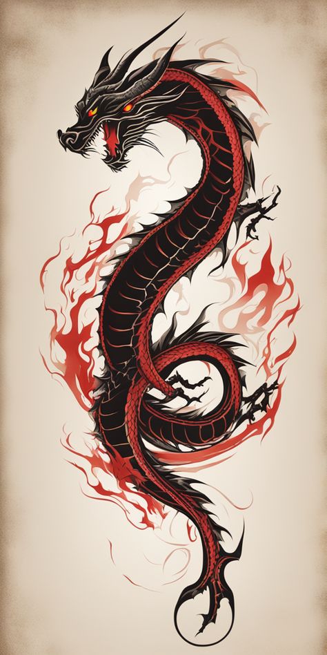 This image features a vibrant, minimalist-style dragon tattoo design on a blank canvas. The dragon, depicted in elegant, bold colors, contrasts starkly with the pure white background. Its sleek and simple form captures the essence of minimalist design. Dragon Japanese Tattoo Design, Dragon Tattoo Men, Simple Dragon Tattoo, Black Dragon Tattoo, Dragon Tattoo Arm, Red Dragon Tattoo, Asian Dragon Tattoo, Dragon Tattoos For Men, Dragon Rouge