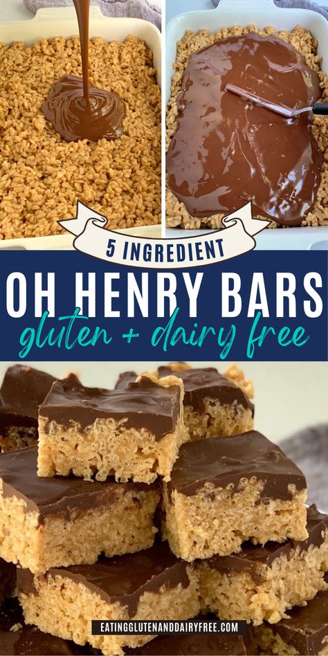 Some gluten free and dairy free Oh Henry Bars on a plate. 5 Ingredient Gluten Free Desserts, Easy Desserts Gf, Gluten Free Peanut Butter Rice Krispie Treats, Gluten Free Dairy Free Oatmeal Bars, Dairy Free Dessert Store Bought, Gluten Free Non Dairy Desserts, Dairy And Nut Free Desserts, No Bake Gluten Free Bars, Non Dairy Gluten Free Desserts