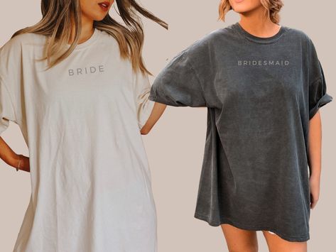 "FREE SHIPPING IN THE US!  No order minimum!  Comfort Colors, Bridesmaid Shirt, Bridesmaid Shirts, Bridesmaid Tshirt, Bridesmaid Shirts getting Ready, Bridesmaid Getting Ready Shirt For matching 'MAID OF HONOR' shirt, visit: https://www.etsy.com/listing/1285577687/comfort-colors-minimalist-maid-of-honor?ref=listings_manager_grid ♥ The SHIRT  * This is a Comfort Colors 1717 shirt.  * This unisex fit t-shirt is intended to be loose/oversized for women to give a chic and laid back vibe. If you want the tee to be more fitted, we would recommend sizing down.   * If you are looking for an oversized \"T-shirt Dress\" look, we recommend sizing up 1 or 2 sizes  * Detailed sizing information can be found in the size chart in the photos.  * Printed in the USA ♥ CARE  ＊Machine wash cold, inside-out, g Bridesmaids Getting Ready Sweats, Bridesmaid Tee Shirts, Bridesmaid Shirts Getting Ready, Bridesmaids Shirts Ideas, Getting Ready Bridesmaids Outfit, Bridesmaid Outfits For Getting Ready, Unique Getting Ready Outfits Bridesmaids, Unique Bridesmaid Getting Ready Outfit, Bridesmaids T Shirts