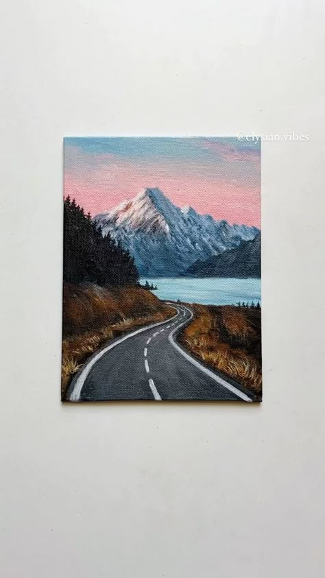 elysian.vibes on Instagram: For my 90k Fam🥺 Painted this w extra love for y’all. Took me around 4 hours to complete and it was totally worth it. What do you think?✨ .… Simple Drawings Paintings, Simple Painting Ideas Nature, Mountain Painting Aesthetic, Simple Landscape Paintings Acrylic, Paintings Nature Easy, Painting Ideas On Canvas Horizontal, Painting Ideas On Canvas Detailed, Art Inspiration Painting Aesthetic, Acrylic On Wood Painting