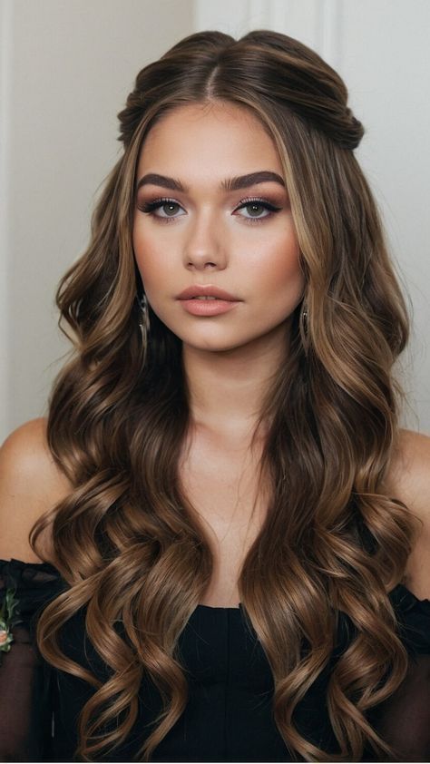 #BEAUTY, #RELATIONSHIPS #Fashion #Animals #Outfits #Winter Outfits #Animal Wedding Hair Inspo Bridesmaid, Bridesmaids Hair Straight, Weave Hairstyles For Graduation, Curls Hairstyles For Long Hair, Wavy Hair For Photoshoot, Middle Part Wavy Hair Wedding, Big Bridal Curls, Hair Half Up Half Down Prom, Princess Gown Hairstyles