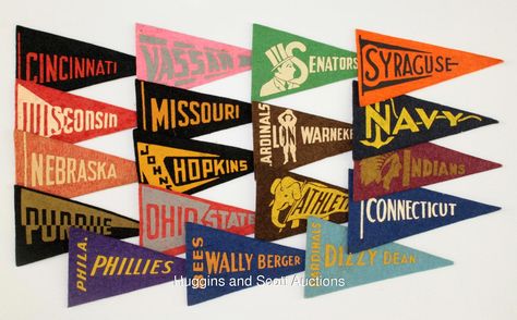 Vintage felt pennants  Oxford Pennant Custom - United By Blue  #USA #madeinUSA #americanproduct #americanmade #oxfordpennant #buffalo #americandesign #vintage #homedecor #homedecorideas #walldecor #giftidea #inspirational #homegoods #pennant #feltpennant #interiordesign #americana #vacation #vacationideas #sports #traveling #schoolspirit #visualmerchandising #decoration #detail Diy Pennant Flags, Sports Pennants, Pennant Design, Vintage Pennants, College Banner, College Pennants, Baseball Pennants, Trophy Shop, Oxford Pennant