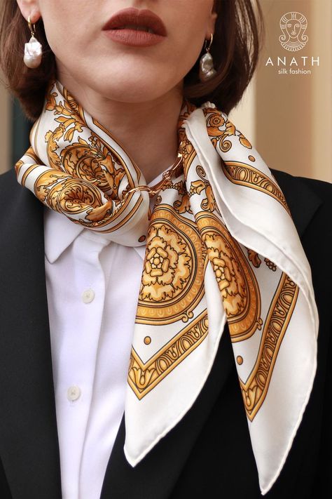 A beautiful white and gold silk scarf Yellow Hijab, Silk Scarf Outfit, Scarf Aesthetic, Scarf Wearing Styles, Soft Dramatic, Silk Fashion, Designer Silk Scarves, Silk Scarf Style, Silk Neck Scarf