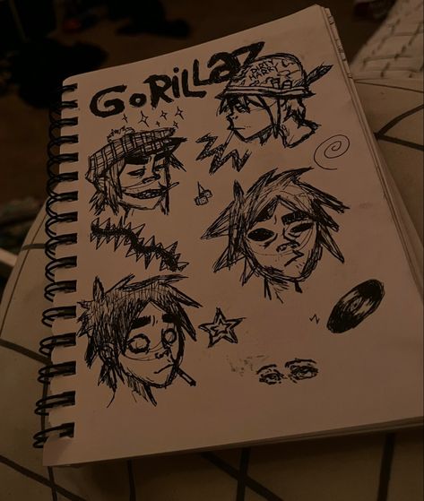 Grunge alt aesthetic drawing doodle page of Gorillaz characters Album Covers Aesthetic Drawing, Grunge Room Drawing, Drawing Grunge Sketch, Alternative Drawing Style, How To Draw 2d Gorillaz, 2d Drawing Gorillaz, Loser Lover Drawing, 2d Gorillaz Aesthetic, Drawing Grunge Aesthetic