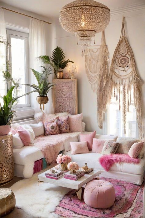 Indulge in boho glamour with chic decor tips for a girly apartment in 2024. Elevate your space with a touch of boho bliss in this daily interior designer routine. #Ad #homedecor #homedesign #trendgirlApartment #Painthome #interiorarchitecture Wall Colors Green Room Colors Bright Room Colors Apartment Renovation Home Remodeling Modern Paint Colors 2024 Feminine Boho Living Room, Girly Boho Living Room, Pink Boho Living Room, Pink Boho Decor, Girly Apartment Aesthetic, Girly Living Room Ideas, Girly Apartment Ideas, Green Room Colors, Paint Colors 2024