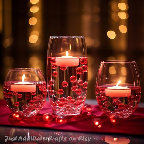 🌺 Impress your guests with the latest trend - floating red glass beads and floating candles, adding a touch of romance and effortless elegance.  Make your loved ones feel special with these exquisite vase fillers. Share the festive atmosphere with your children, family, and friends. 💎Our set includes 110 red glass beads and 3 floating candles. Also simple instruction how to make beads to float in the vase. 💎 Please note that vases are not included. 🌺 Please be advised the beads are not floating by itself. You will receive an instruction how to make floating effect in the vase. Thank you. Red Candles Decoration, Wedding Centerpieces Vase, Center Piece For Dining Table Valentines, Sunflower And Red Roses Centerpieces, Red White And Gold Centerpieces, Floating Tea Light Centerpiece, Water Candles Floating, Sweet 16 Table Decorations, Red Decorations Party