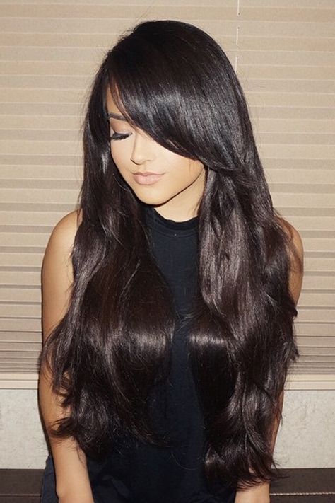 Becky G Straight Dark Brown Long Layers, Overgrown Bangs, Sideswept Bangs Hairstyle | Steal Her Style Bangs Sideswept, Cut Bangs, Hair Color Light Brown, Long Layered Haircuts, Long Dark Hair, Side Bangs, Long Hair With Bangs, Brown Blonde Hair, Hair St