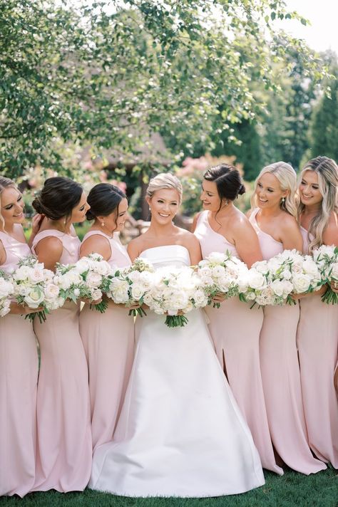 SARA & DAVID — KING EVENT CO. Bridesmaid Color Scheme Spring, Light Pink Bridesmaid Dresses With Groomsmen, Light Pink Wedding Party, Light Pink Wedding Theme, Baby Pink Bridesmaids Dresses, Romantic Pink Wedding, Bridesmaid Color Scheme, Forest Wedding Reception, Delta Dawn