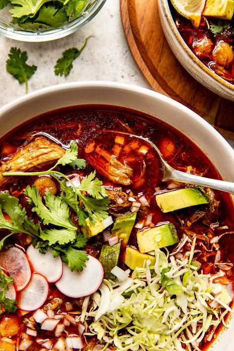 Pork Pozole Rojo (Authentic Pork & Hominy Soup) | So Much Food Pork And Hominy Soup, Mexican Soup With Hominy, Pork Pozole Crockpot Recipe, Posole Recipe Beef, How To Make Pozole Rojo Pork, Pozole Aesthetic, Posole Recipe Pork, Pazole Soup, Red Pozole Recipe