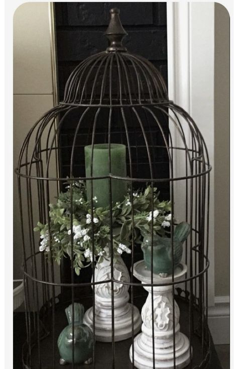 Plant Stand Storage, Outdoor Birdcage Ideas, How To Style A Birdcage, Small Bird Cage Decor Ideas, How To Decorate A Bird Cage, Old Bird Cage Ideas Decor, How To Decorate A Birdcage, Bird Cage Decor Farmhouse, Farmhouse Birdcage Decor