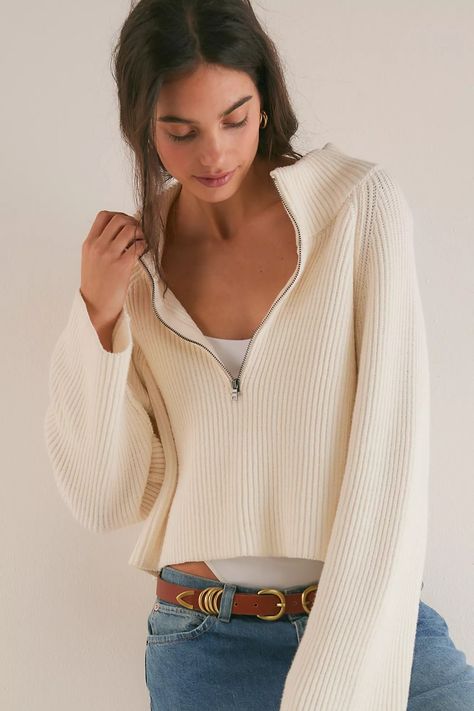 Greta Half Zip | Free People Half Zip Pullover Outfit, Timeless Sweater, Cropped Half Zip, Neutral Sweaters, Style Goals, Sweater Trends, Quirky Fashion, Weird Fashion, Free People Clothing