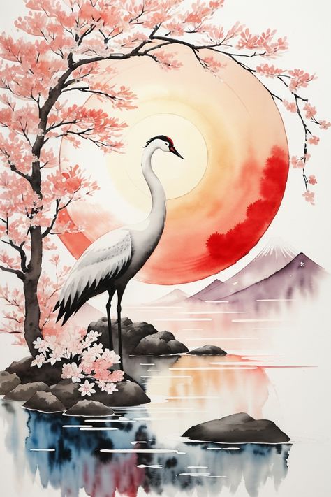 In the foreground, a swish crane stands as a image of toughness, peace, and charm. Its form is rendered with fluid and fashionable watercolor strokes, taking pictures the chook's beauty and grace in motion. The crane's presence embodies the Zen Tao philosophy of living in concord with nature and the existing moment. Crane Art Paintings, Crane Painting, Japanese Crane Art, Chinese Crane Art, Japanese Crane Painting, Crane Japanese Art, Whooping Crane Painting, Crane Drawing, Image Zen