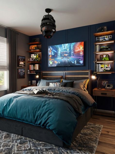 Teenage Room Interior, Boys Room 10-12, Gamer Teen Boy Bedroom, Cool Teenager Bedroom, Boy Room Makeover Ideas, Teenager Room Design, Pre Teen Boys Room Bedroom Ideas, Teenage Boys Room Ideas, Gamer Room Ideas Boy Bedrooms