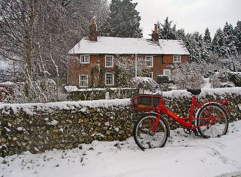 . Christmas In England, English Christmas, Red Bike, Winter Magic, Winter Scenery, Winter Beauty, Snow Scenes, Winter Pictures, Winter Wonder