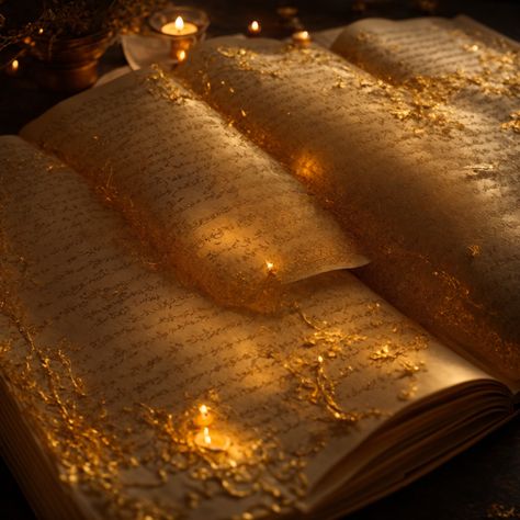 An enchanted codex lies open, its calligraphy illuminated by the golden hues of candlelight. Captured on a Hasselblad X1D II 50C, the medium-format lens at 65mm f/2.8 renders the scene with a painterly quality, the warm bokeh of the candlelight creating a soft, ethereal backdrop. The well-executed chiaroscuro technique imbues the scene with depth, highlighting the raised gilding on the book’s pages and invoking a feeling of reverence for the arcane arts. Golden Books Aesthetic, Ethereal Book Aesthetic, The Plated Prisoner Series Aesthetic, Golden Witch Aesthetic, Enchanted Book Aesthetic, Golden Fantasy Aesthetic, Golden Cage Aesthetic, Gold Book Aesthetic, Soft Golden Aesthetic