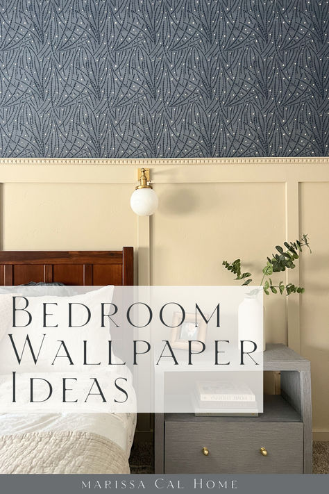 Bedroom with blue floral wallpaper, beige wainscoting, gold wall sconce, blue nightstand, wood bed frame Unique Ways To Use Wallpaper, Wallpaper With Board And Batten Bedroom, Wallpaper Main Bedroom, Trending Wallpaper For Bedroom, Wallpaper For Headboard Wall, Wallpaper Partial Wall, Wainscoting With Wallpaper Bedroom, Wallpaper On One Wall In Bedroom, Bedrooms With Wallpaper Accent Wall