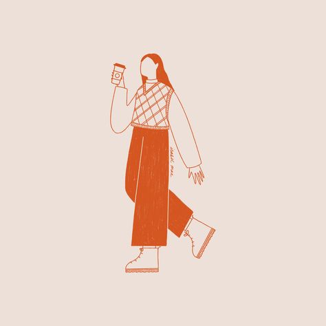 Monochrome illustration of girl walking with a pumpkin spiced latte Line Character Illustration, Minimal Character Illustration, Woman Standing Illustration, Person Walking Illustration, Procreate Person Drawing, Single Color Illustration, Simple Illustration Art Doodles, Person Illustration Simple, Simple People Illustration