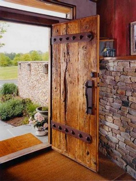 Rustic Door Used As Front Door Threshing Floor, Floor Boards, Barn Siding, Front Door Entrance, Cool Doors, Rustic Doors, Front Entrance, Front Entrances, Entrance Door