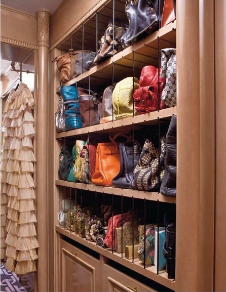 Purse/bag portion of walk-in closet...love how you can adjust the slats to fit bags. Great idea! Purse Storage, Creative Bag, Handbag Storage, Dream Closets, Dressing Rooms, Room Closet, Closet Inspiration, Purse Organization, Master Closet